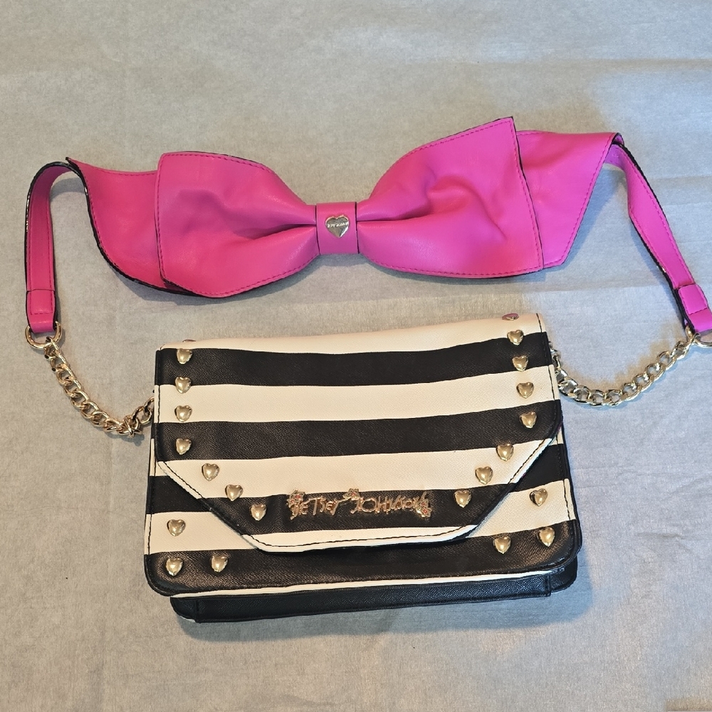 Betsey Johnson Striped Crossbody with Pink Bow Accents